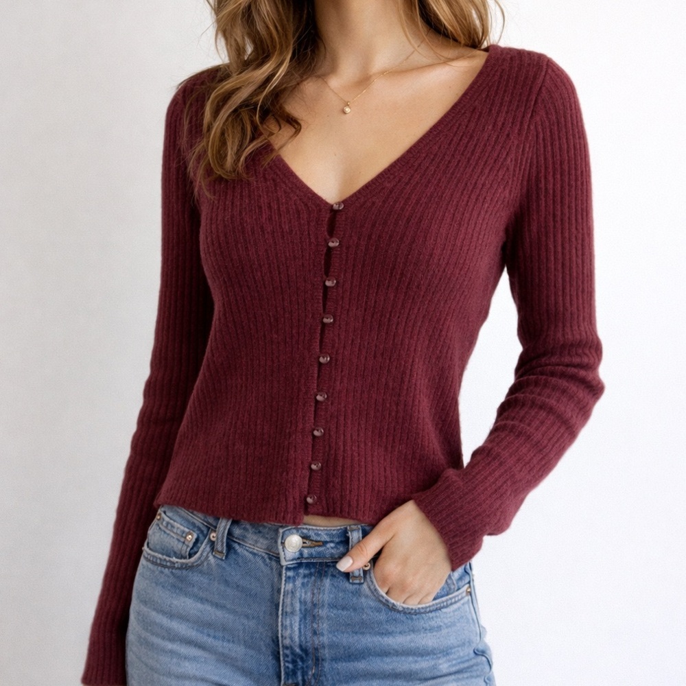Abercrombie & Fitch Button Down Cardigan Sweater Size XS Maroon Knit Stretchy